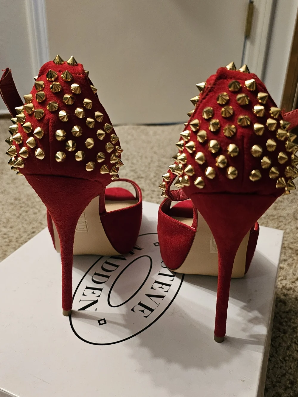Steve Madden Red Suede Studded Platform Peep-Toe Heels